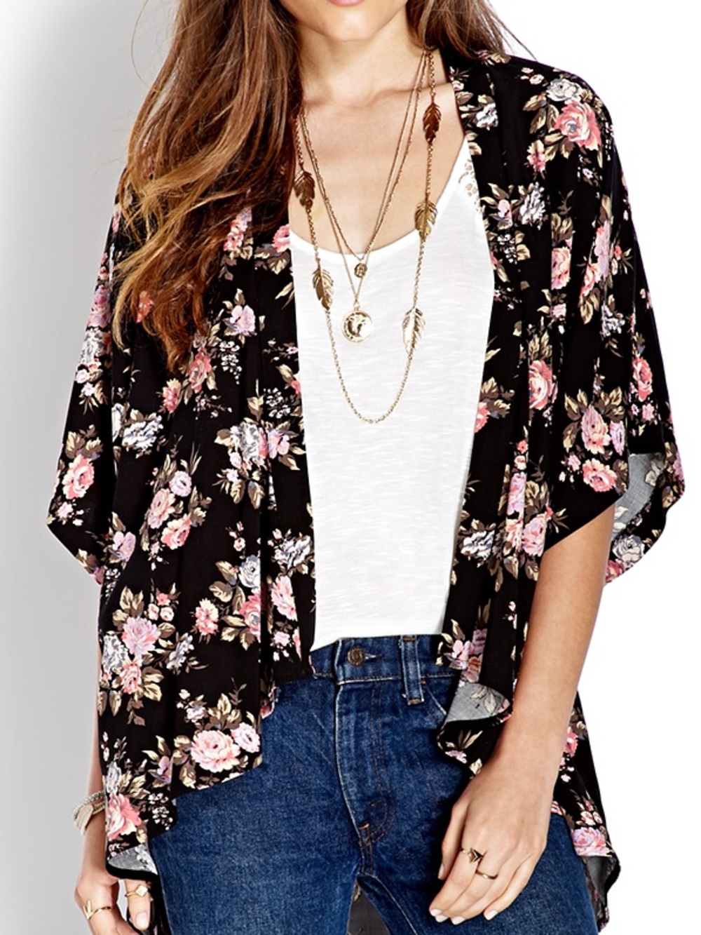 Forever 21 Black Floral V-Neck Kimono Shirt with Pink and Yellow Flowers